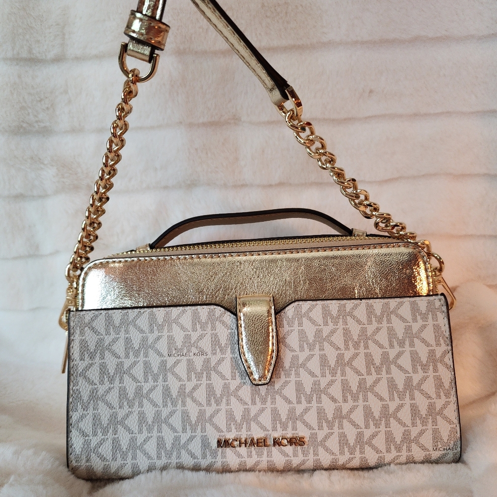 Michael Kors Gold Jet Set Medium Signature Logo and Patent Double-Zip Crossbody